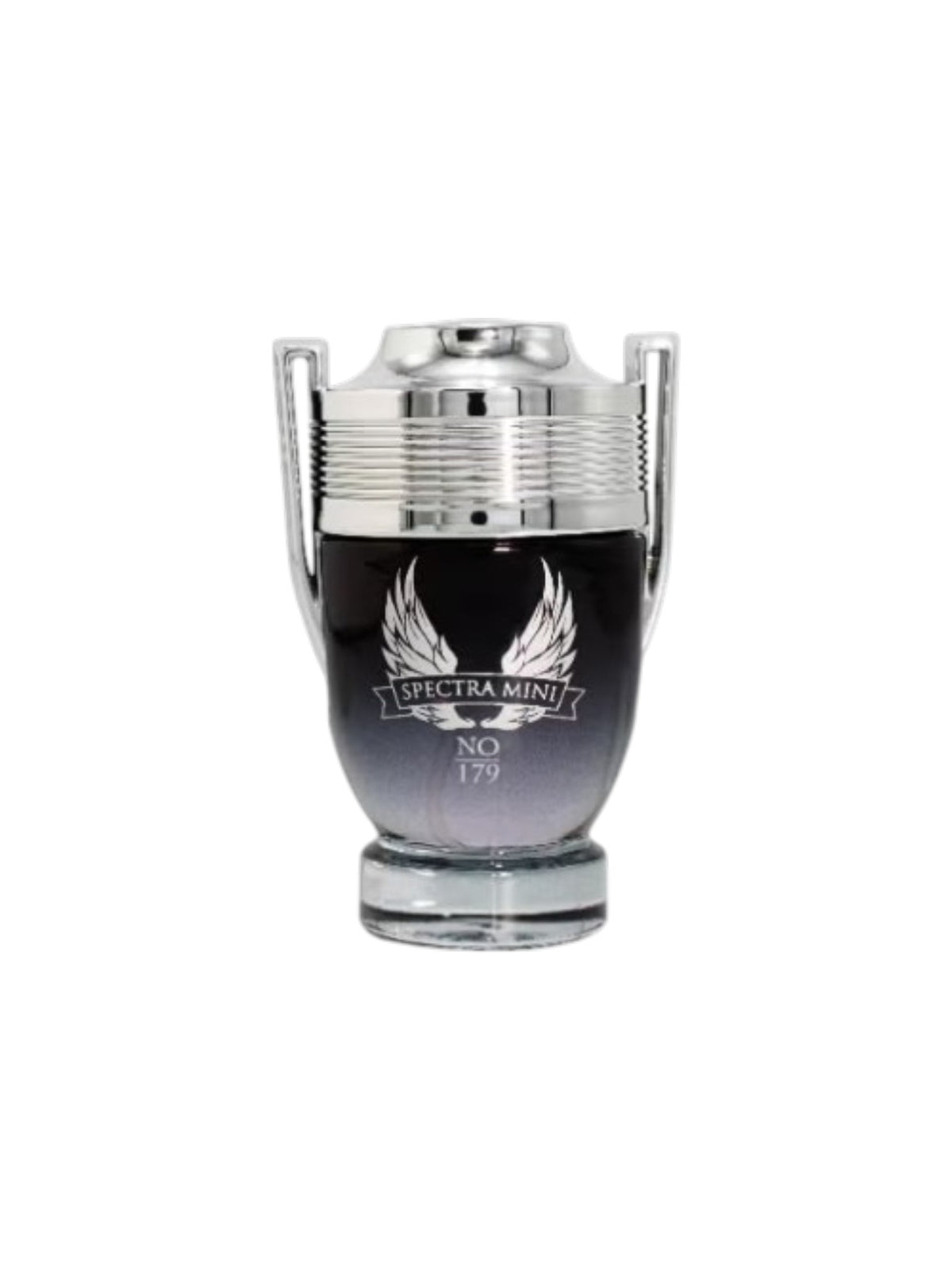 Spectra Mini No. 179 cologne bottle with a black and gray gradient body, silver metallic collar, and silver handles, shown on a plain white background. Spectra Mini, Monza Outlet, Monza Fashion, Shein Outlet