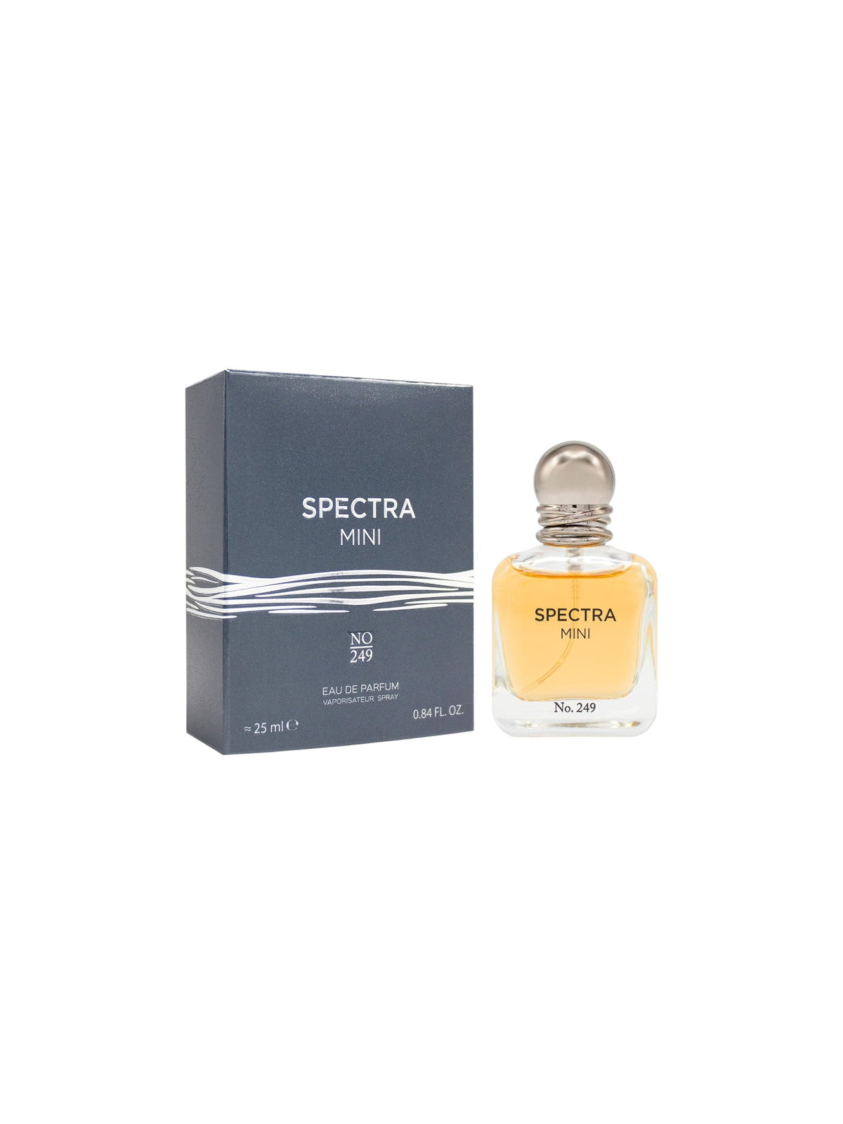 Spectra Mini Eau de Parfum by No. 249, showing the dark gray rectangular box and the clear glass spray bottle filled with golden yellow liquid, set against a plain white background. Spectra Mini, Monza Outlet, Monza Fashion, Shein Outlet
