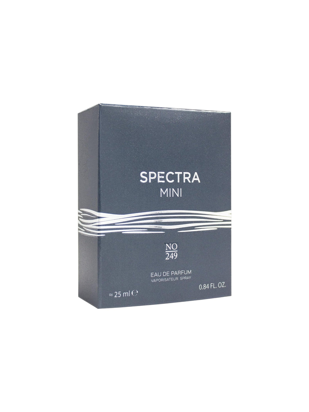 Spectra Mini No. 249 Eau de Parfum box in a dark slate blue color with white text and wave details, shown on a plain white background. Spectra Mini, Monza Outlet, Monza Fashion, Shein Outlet