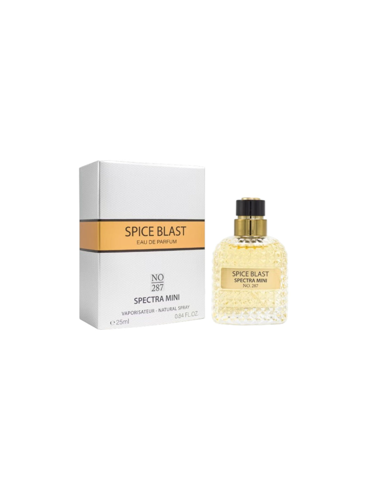 Spectra Mini Spice Blast Eau de Parfum by No. 287, showing the white and gold packaging box alongside the textured glass spray bottle with a gold cap on a white background. Spectra Mini, Monza Outlet, Monza Fashion, Shein Outlet