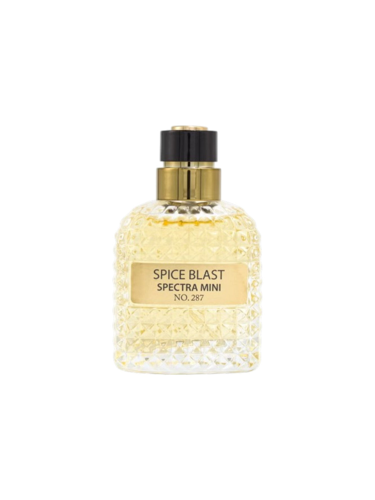 A bottle of Spice Blast Spectra Mini No. 287 perfume with a textured clear glass body showing pale yellow liquid inside, a gold label, and a black cap with a gold collar, centered on a white background. Spectra Mini, Monza Outlet, Monza Fashion, Shein Outlet