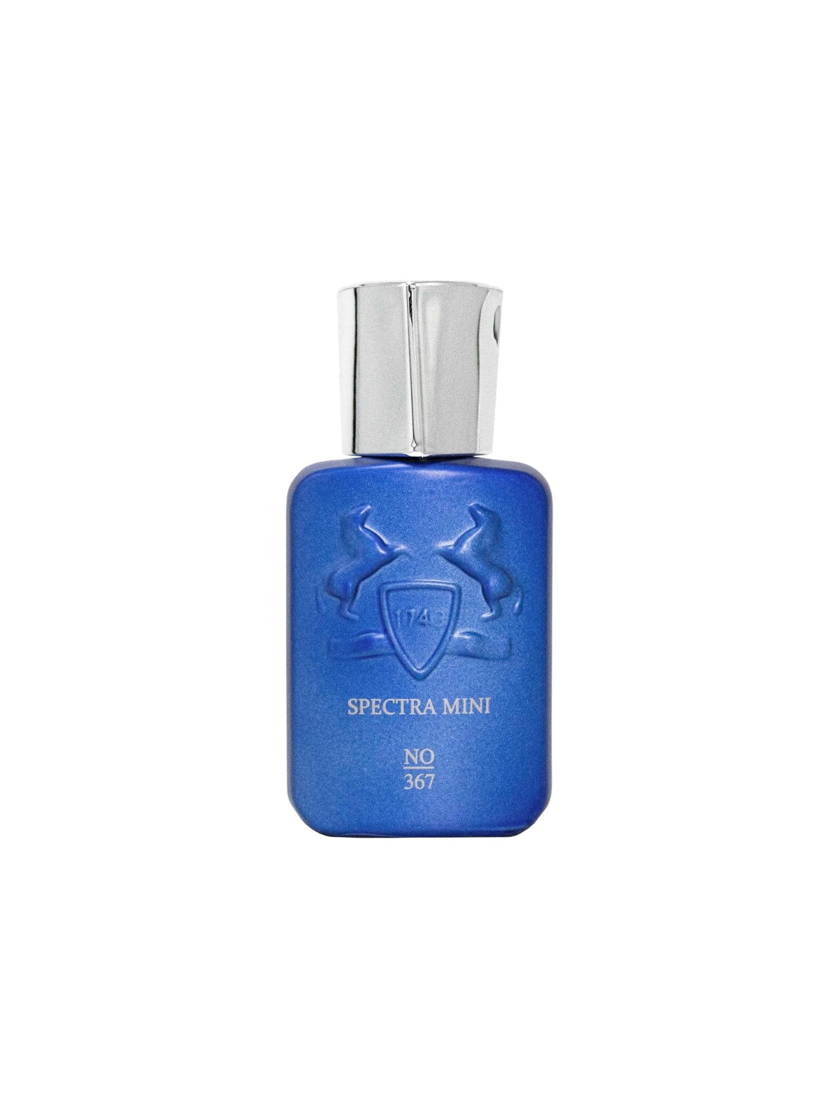 A blue rectangular perfume bottle with a silver cap, featuring an embossed crest and the text SPECTRA MINI and NO 367 on the front, set against a plain white background. Spectra Mini, Monza Outlet, Monza Fashion, Shein Outlet