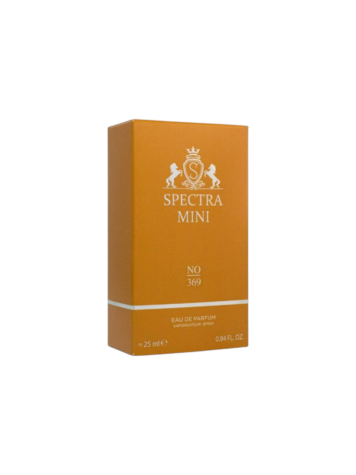 Spectra Mini No. 369 Eau de Parfum box in a warm orange-brown color with white text and logo, shown on a plain white background. Spectra Mini, Monza Outlet, Monza Fashion, Shein Outlet