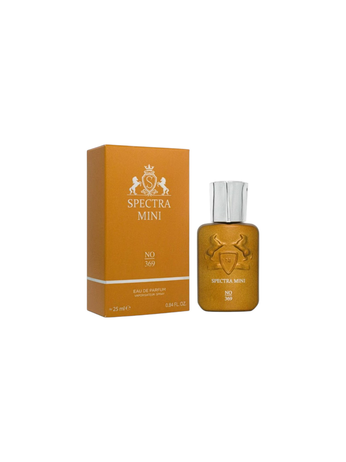 Spectra Mini No. 369 Eau de Parfum bottle and its matching orange packaging box, displayed side by side on a clean white background. Spectra Mini, Monza Outlet, Monza Fashion, Shein Outlet