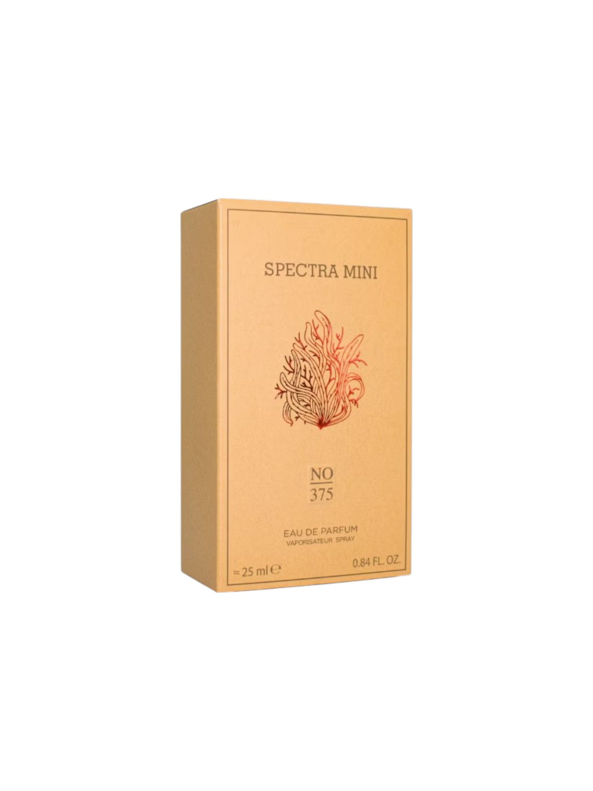 Spectra Mini No. 375 Eau de Parfum box in a warm tan color with a red and orange floral illustration on the front, set against a plain white background. Spectra Mini, Monza Outlet, Monza Fashion, Shein Outlet