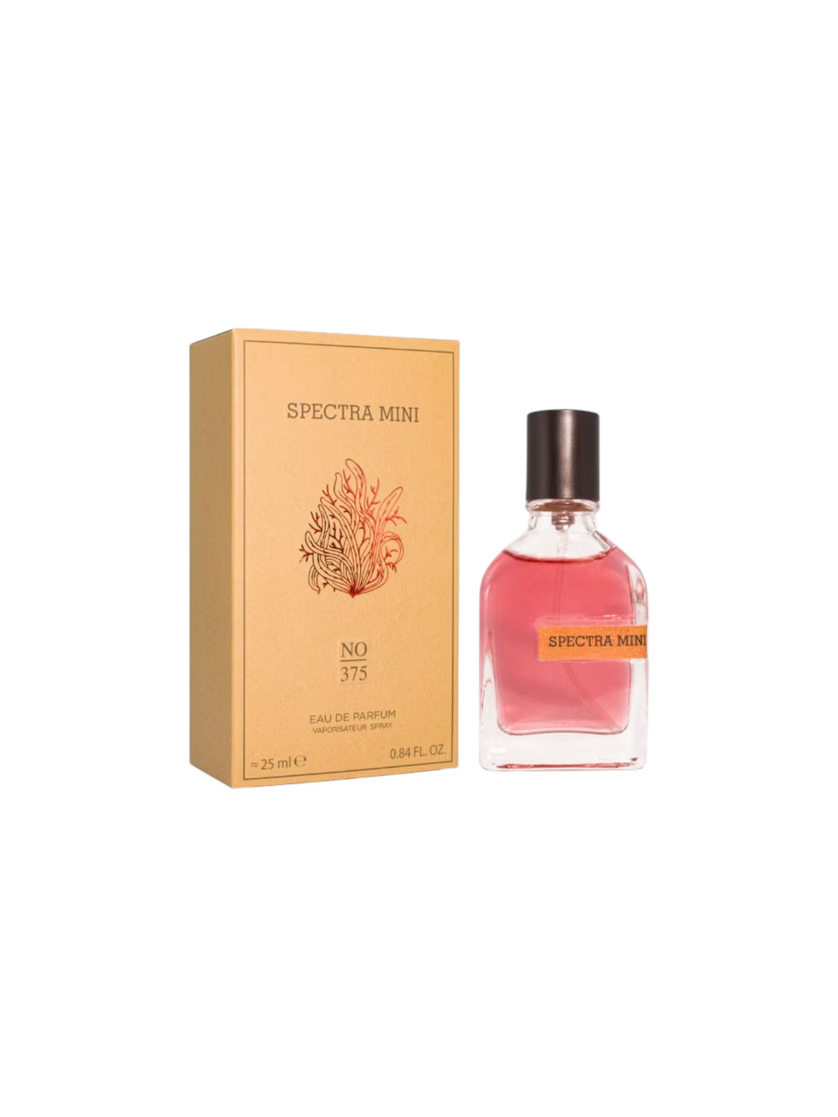 Spectra Mini No. 375 Eau de Parfum shown with its gold-colored packaging box and the clear glass perfume bottle containing pink liquid, on a plain white background. Spectra Mini, Monza Outlet, Monza Fashion, Shein Outlet