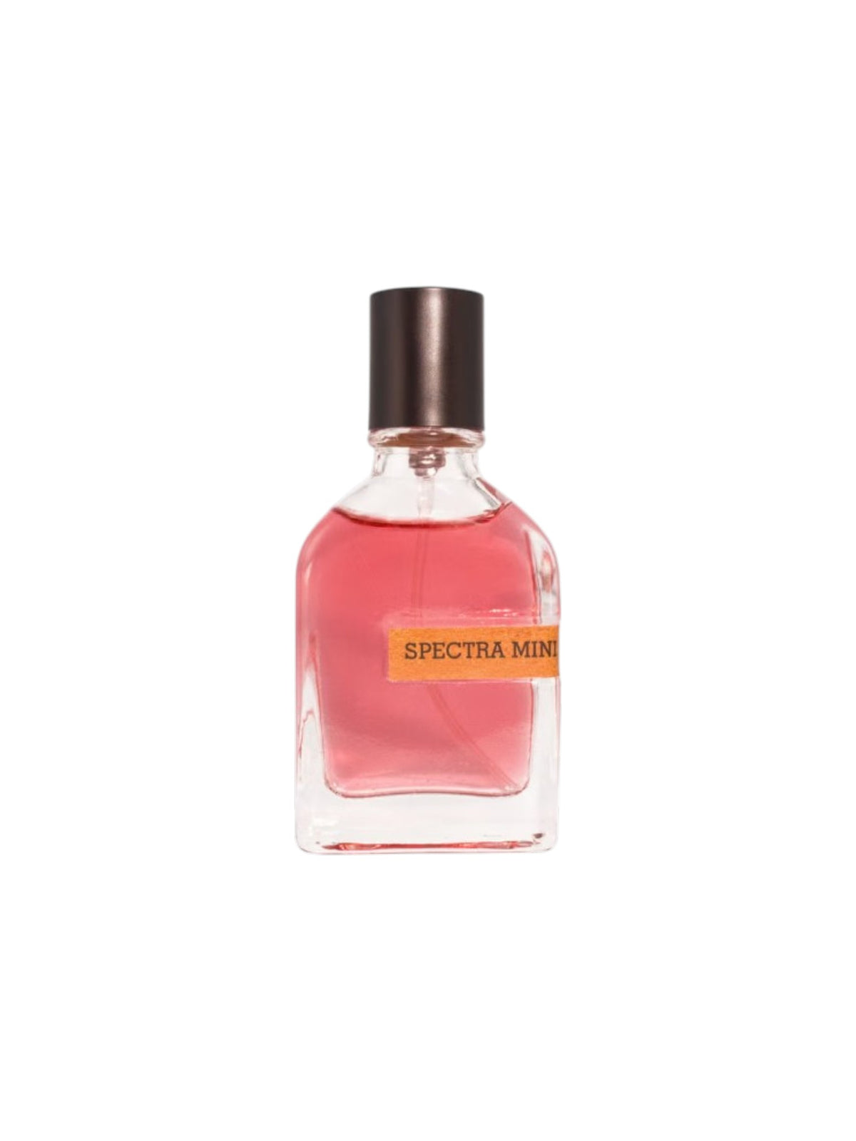 A clear glass perfume bottle filled with pink liquid, featuring a dark metallic cap and a yellow label that reads SPECTRA MINOR. Spectra Mini, Monza Outlet, Monza Fashion, Shein Outlet
