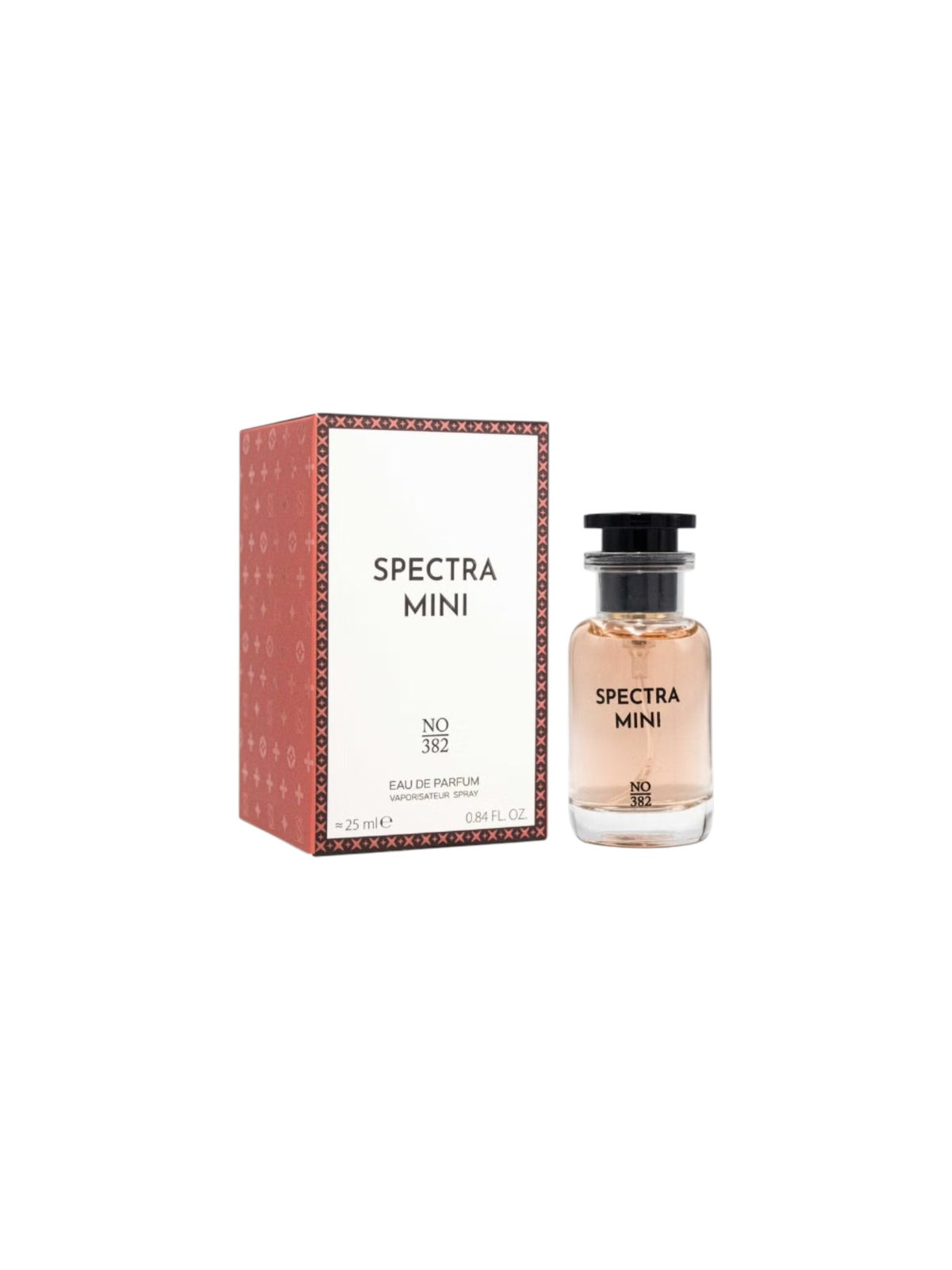 Spectra Mini perfume bottle and its packaging box on a plain white background. The box is white with a reddish-brown patterned border and the text SPECTRA MINI. Spectra Mini, Monza Outlet, Monza Fashion, Shein Outlet
