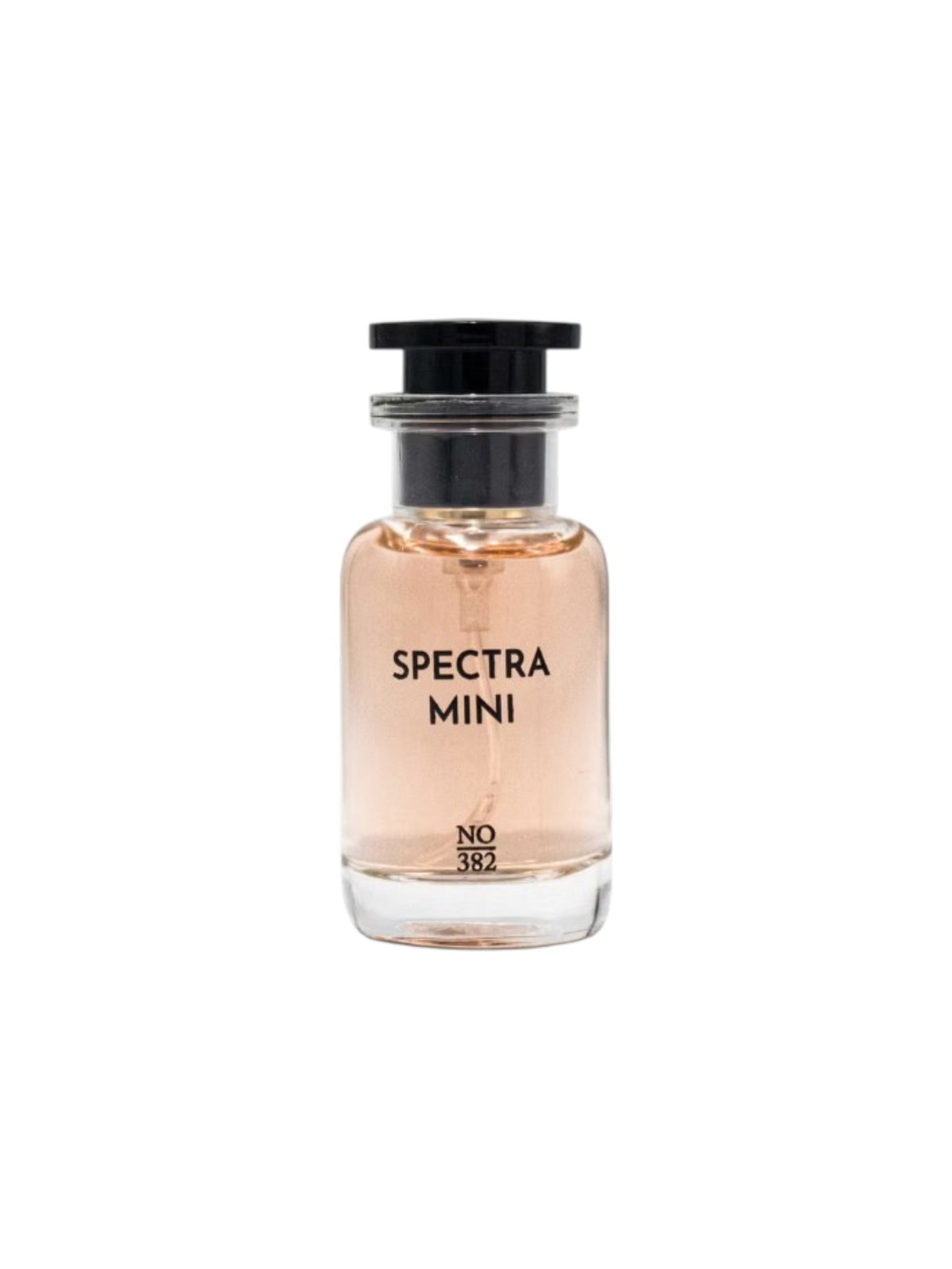 Spectra Mini perfume bottle with a black cap and clear glass body showing a pale pink liquid, on a white background. Spectra Mini, Monza Outlet, Monza Fashion, Shein Outlet