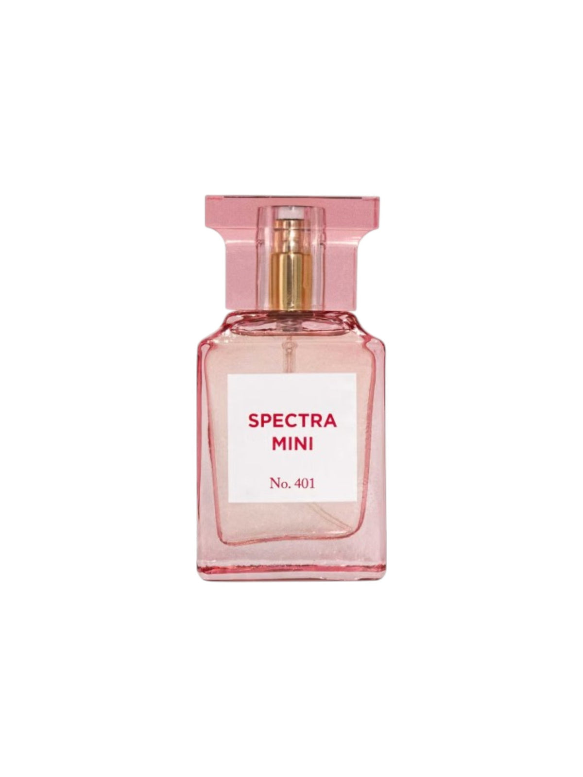 Spectra Mini No. 401 perfume bottle in a translucent pink glass with a gold spray mechanism and a white label, centered on a plain white background. Lancome, Monza Outlet, Monza Fashion, Shein Outlet