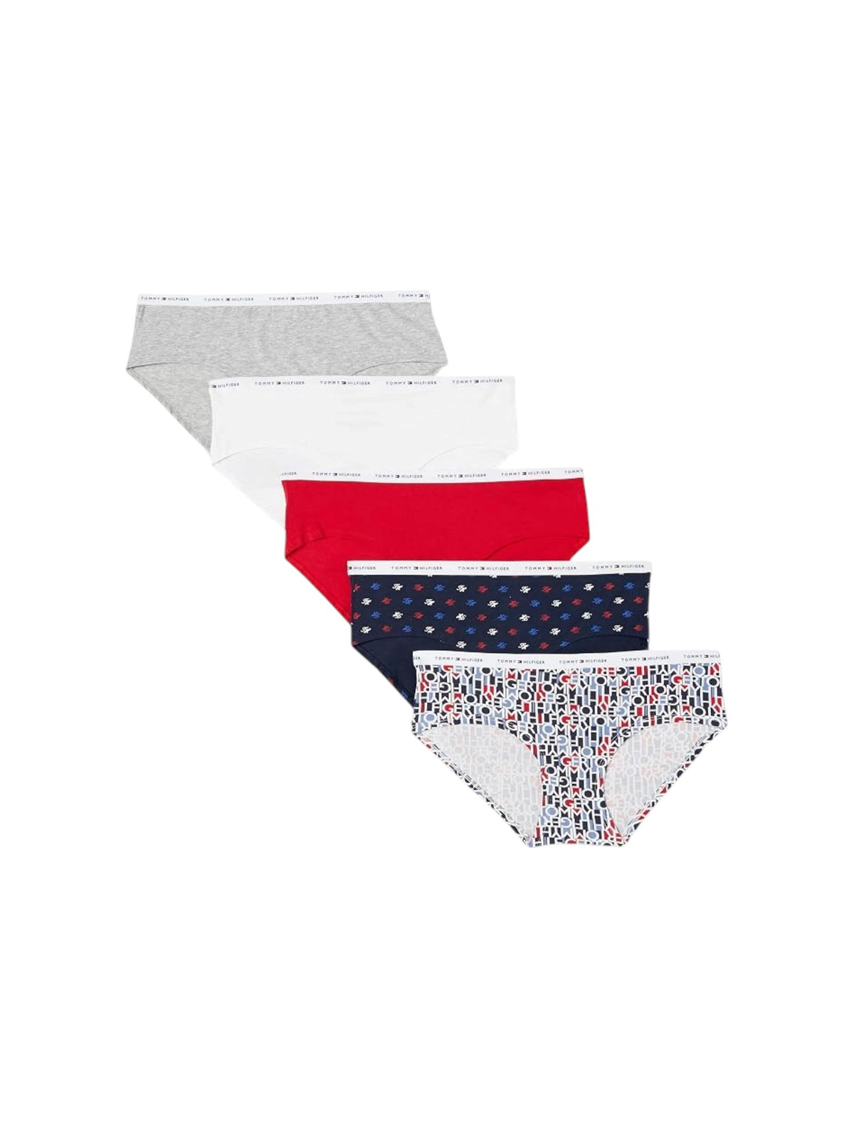 A 5 pack of women's seamless briefs in various colors and patterns, including solid gray, white, solid red, navy with gold stars, and white with a multicolor floral print, arranged diagonally on a white background. Tommy Hilfiger, Monza Outlet, Monza Fashion, Shein Outlet