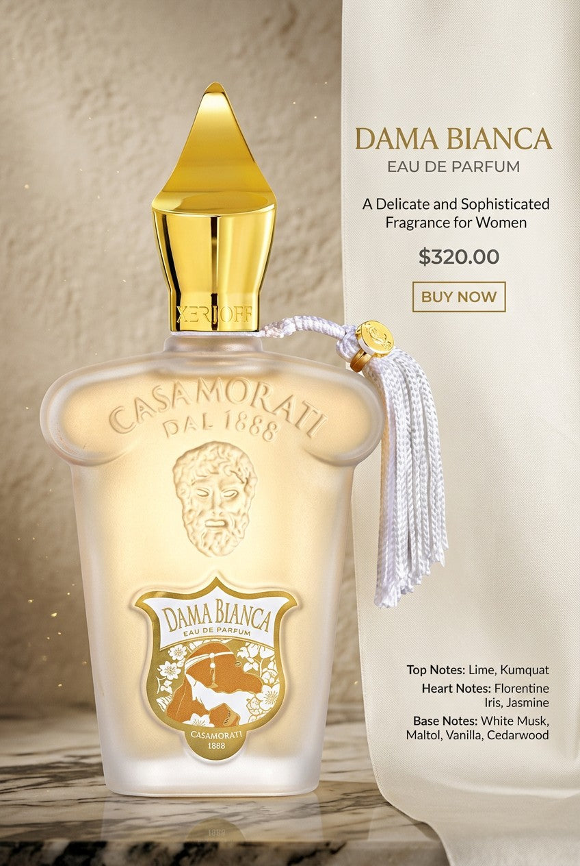 A bottle of Casa Morati Dama Bianca Eau de Parfum with a gold cap and frosted glass, shown next to a white bottle with product text on a beige background. Xerjoff, Monza Outlet, Monza Fashion, Shein Outlet