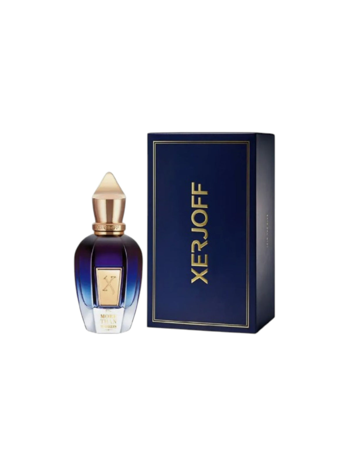 Xerjoff perfume bottle with a gold cap next to its dark blue box with gold lettering, on a white background. Xerjoff, Monza Outlet, Monza Fashion, Shein Outlet