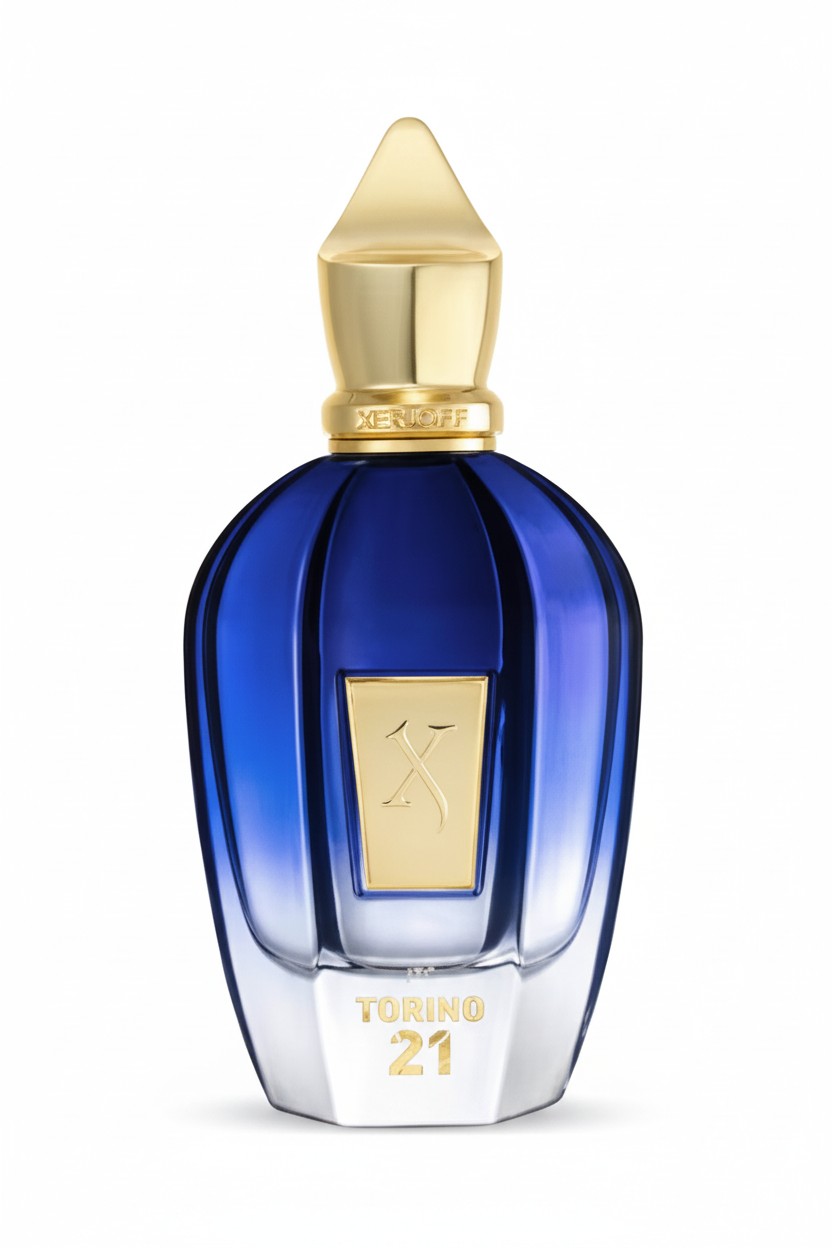 Torino 21 perfume bottle in cobalt blue glass with a gold cap and a gold label on a white background. Xerjoff, Monza Outlet, Monza Fashion, Shein Outlet