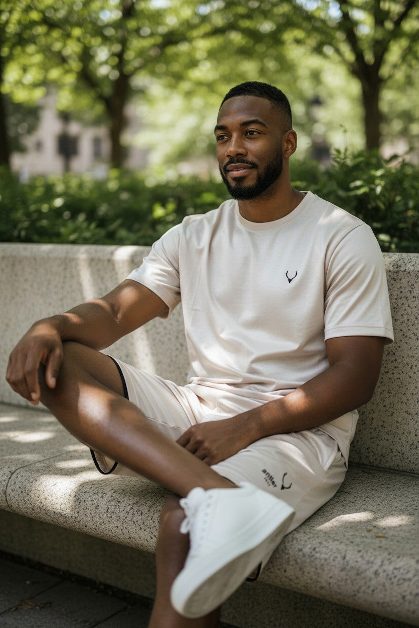 Man sitting on a bench outdoors wearing a white t-shirt and shorts. Antler, Monza Outlet, Monza Fashion, Shein Outlet