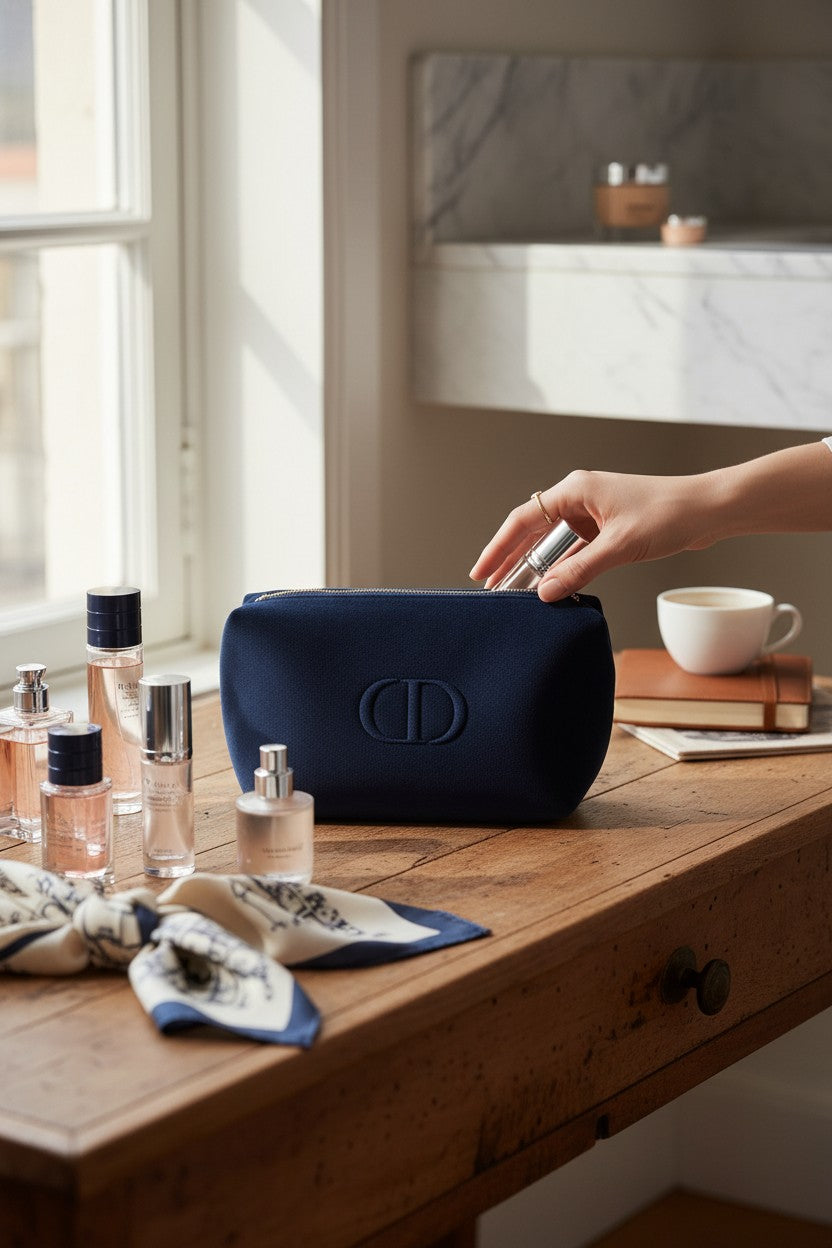 Person using a spray bottle on a blue cosmetic bag on a wooden table with various items. Dior, Monza Outlet, Monza Fashion, Shein Outlet 