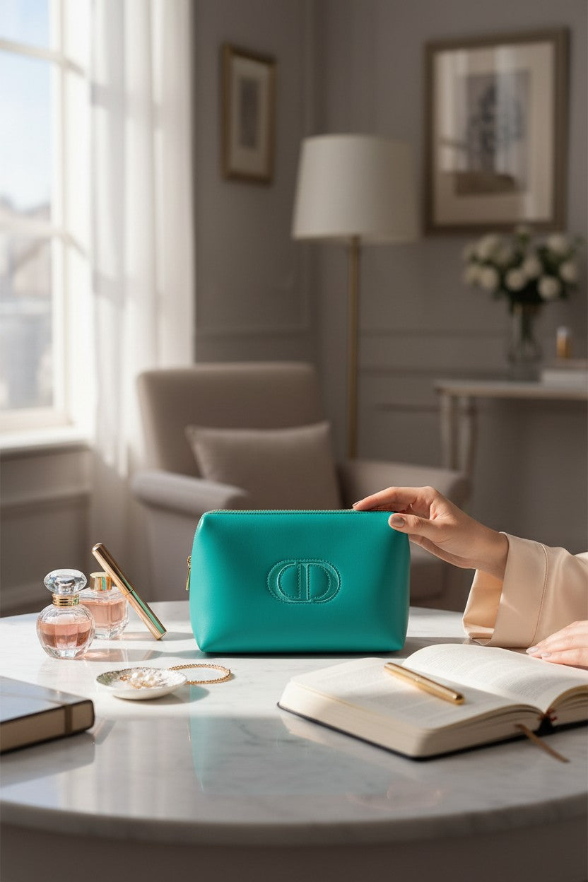 Turquoise clutch bag on a table with a person's hand holding it, in a room with a lamp and window. Dior, Monza Outlet, Monza Fashion, Shein Outlet 