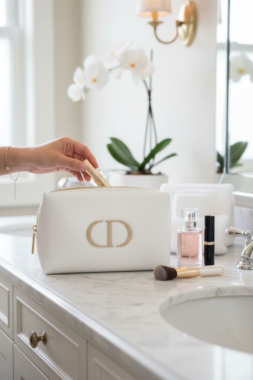 White cosmetic bag with gold logo on a bathroom counter with makeup items. Dior, Monza Outlet, Monza Fashion, Shein Outlet 