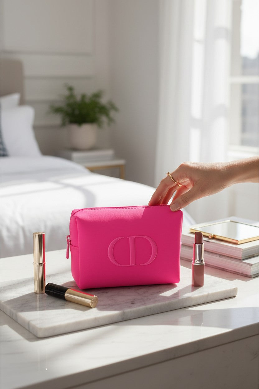 Pink cosmetic bag with Christian Dior logo on a marble surface in a bedroom setting. Dior, Monza Outlet, Monza Fashion, Shein Outlet 