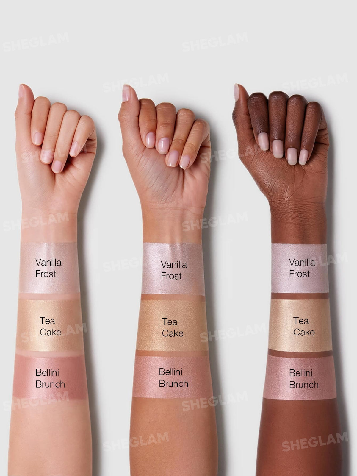 Three hands with different skin tones wearing Vanilla Frost, Tea Cake, and Bellini Brunch makeup swatches. Sheglam, Monza Outlet, Monza Fashion, Shein Outlet