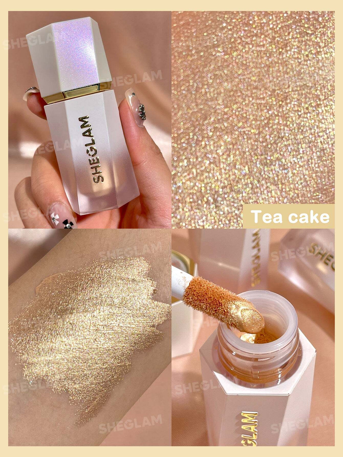 Collage of a glittery cosmetic product with SHEGlam branding, including a bottle, close-up of glitter, and application on skin. Sheglam, Monza Outlet, Monza Fashion, Shein Outlet