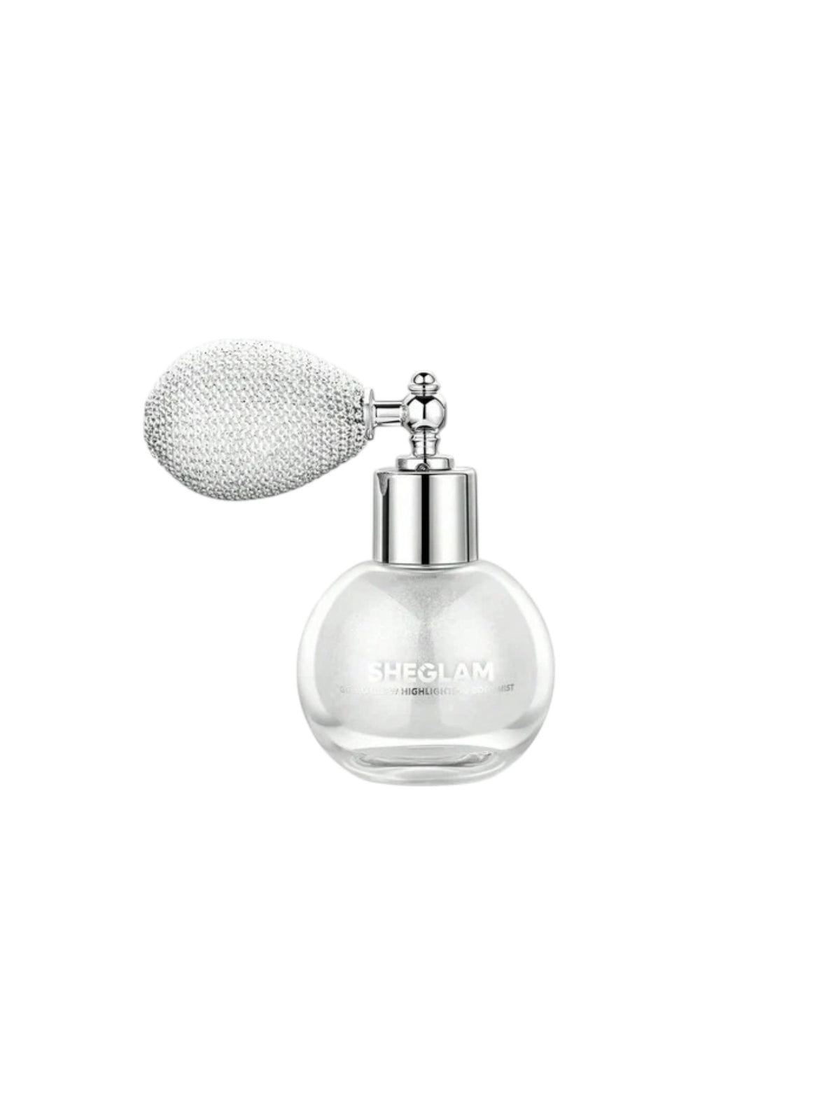 Sheglam London clear glass perfume bottle with a silver spray nozzle and a textured, rhinestone embellished white atomizer puff, shown on a solid white background. Sheglam , Monza Outlet, Monza Fashion, Shein Outlet
