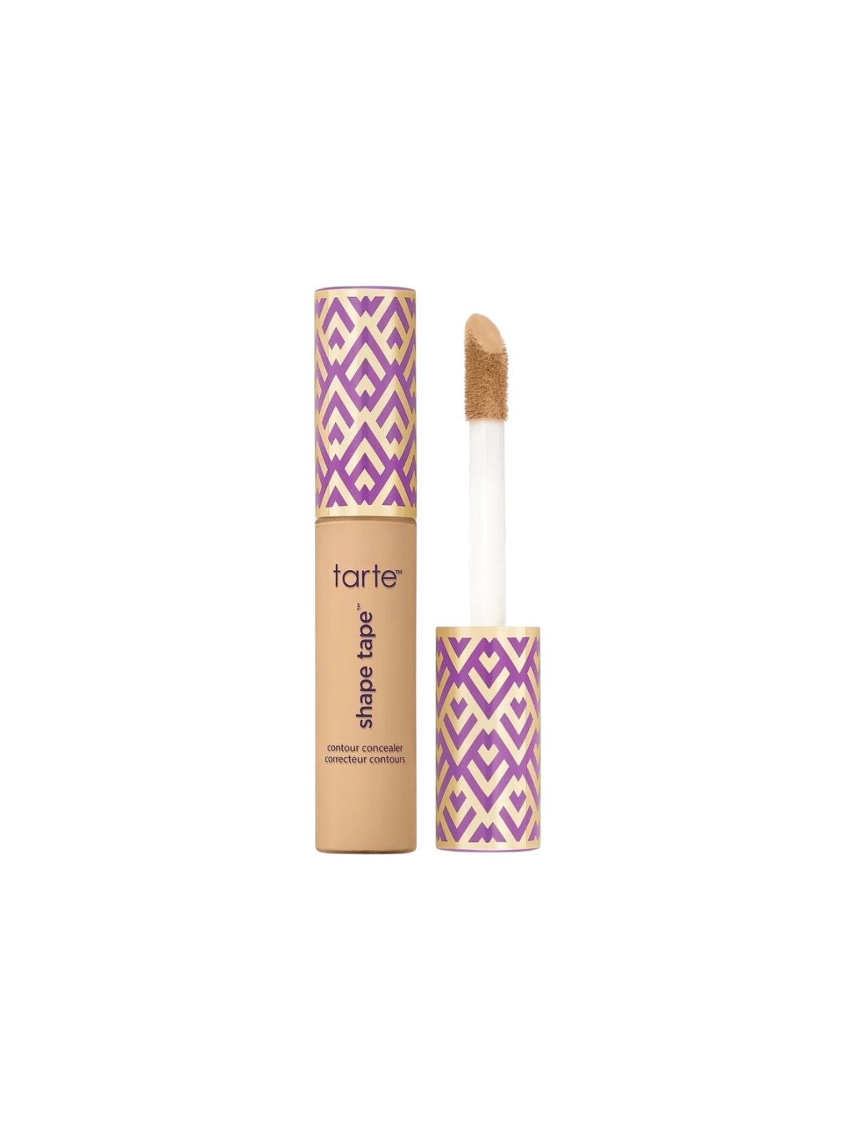 Tarte Shape Tape concealer in a beige tube with a purple and cream geometric pattern, shown with the cap off and the doe foot applicator on a white background. Tarte, Monza Outlet, Monza Fashion, Shein Outlet