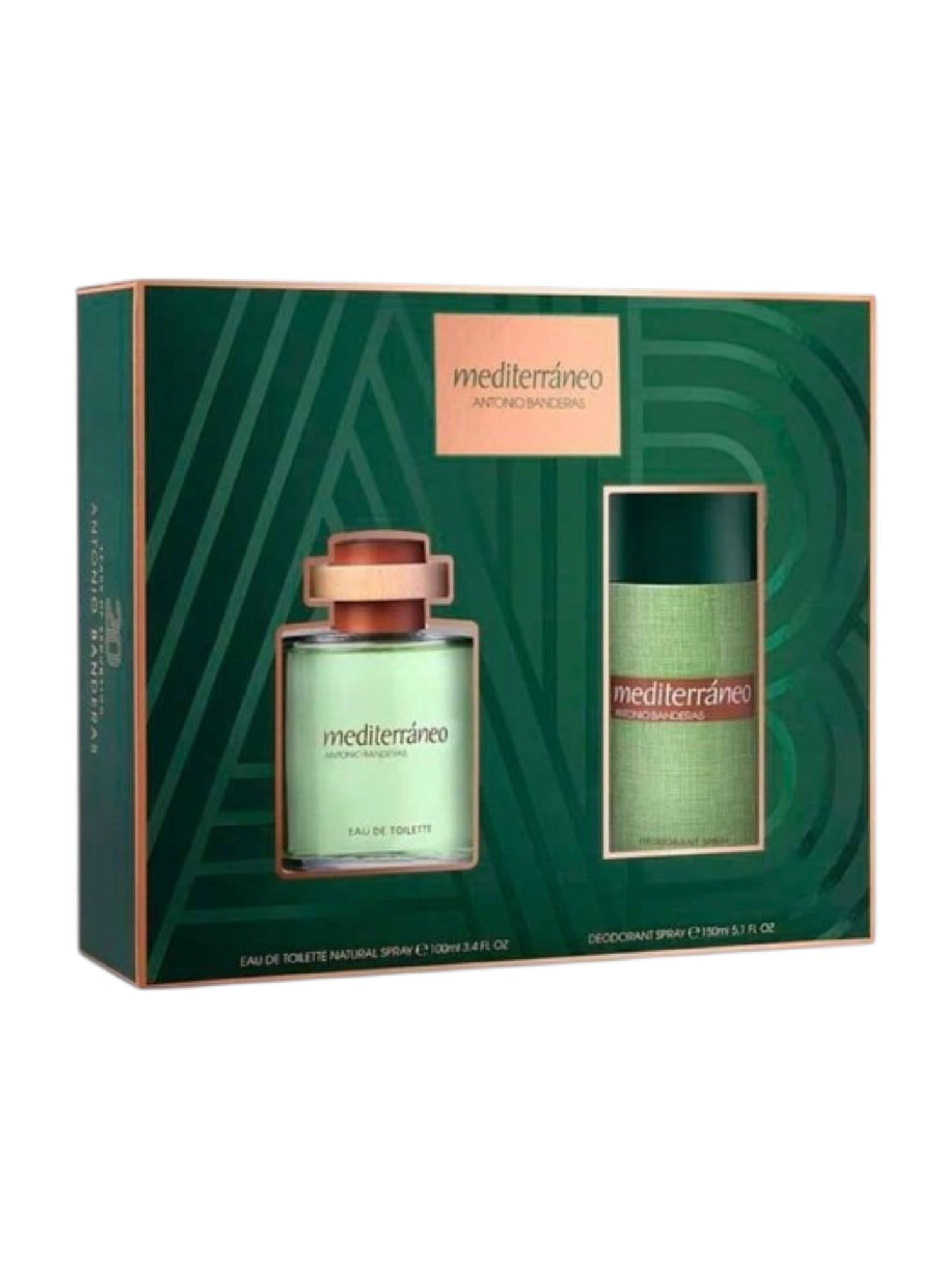 Mediterraneo perfume set packaging with green and gold design. Antonio Banderas, Monza Outlet, Monza Fashion, Shein Outlet 