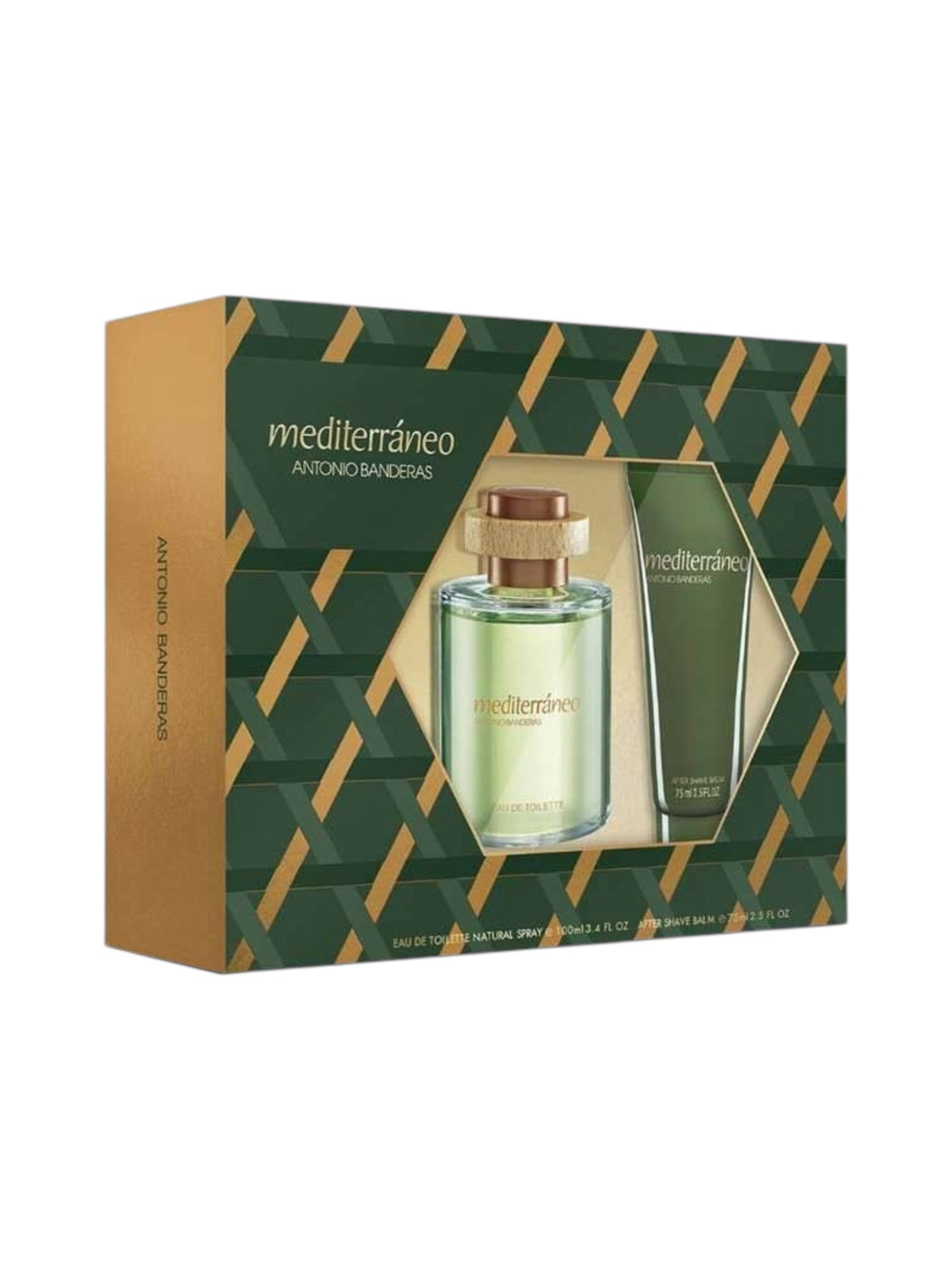 Perfume set with bottle and packaging labeled 'mediterráneo' on a green and gold patterned box. Antonio Banderas, Monza Outlet, Monza Fashion, Shein Outlet 